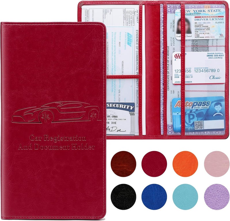 Peisicne Car Registration and Insurance Card Holder for Women Men, Red Glove Box Paperwork Organizer with Magnetic Buckle for Easy Access and Protect Documents and Various Cards in Vehicle - Image 1